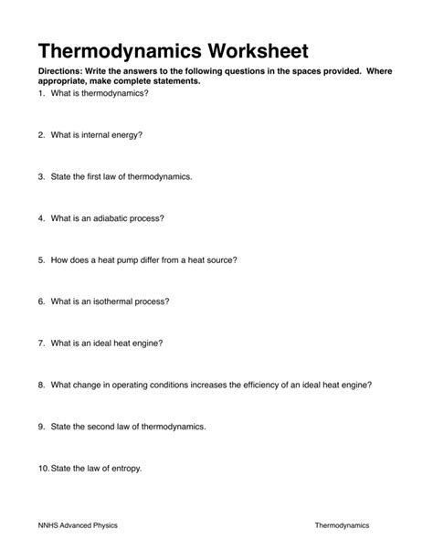 first law of thermodynamics worksheet