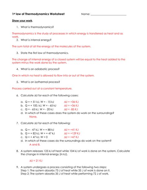 first law of thermodynamics worksheet answers