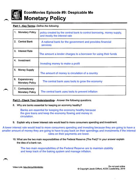 fiscal and monetary policy worksheet answers