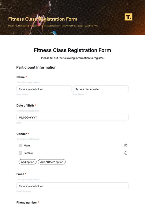 fitness class registration form template
