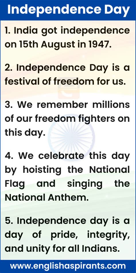 five lines on independence day for class 5