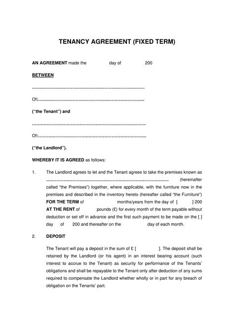 Fixed Term Tenancy Agreement Template