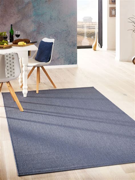 Design Teppich Flachgewebe Simple mit Bordüre Blau SisalLook Sisal