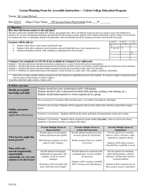 pe practicum hs lesson plan 1 flag football pass and recieve Finger Lesson Plan