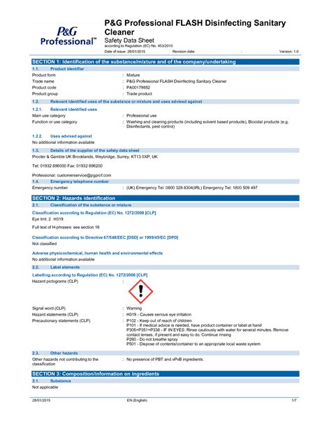 Flash Bathroom Cleaner Spray Safety Data Sheet