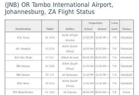 flight schedule south africa