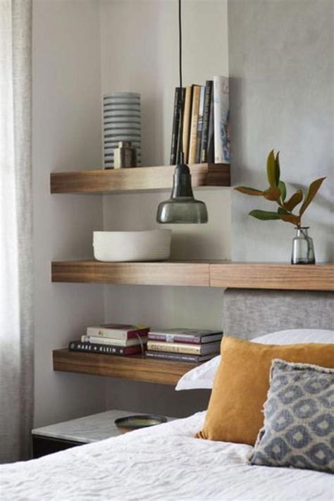 Floating shelves in small bedroom