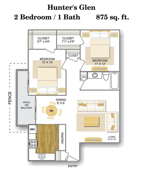 floor plan 2 bed 1 bath 90504
