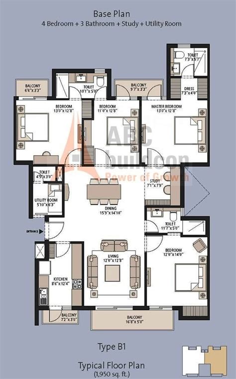 wasabed.com:floor plan of 3 bhk in emaar mgf palm drive