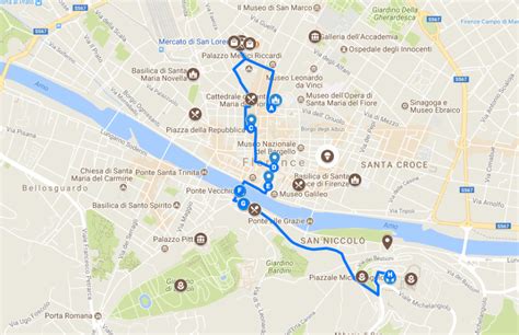 Interactive digital map displaying different walking tour routes through Florence's historical center