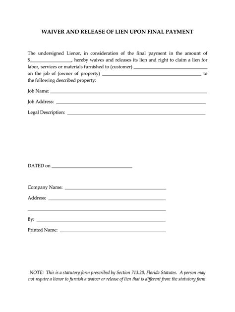 Waiver And Release Of Lien Form Florida