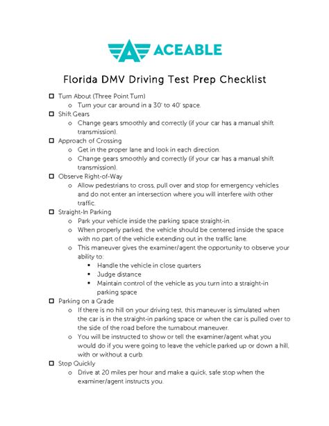 florida drivers test checklist