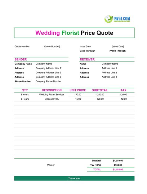 florist wedding quote form template