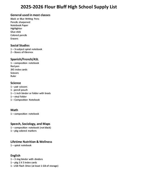 flour bluff school supply list