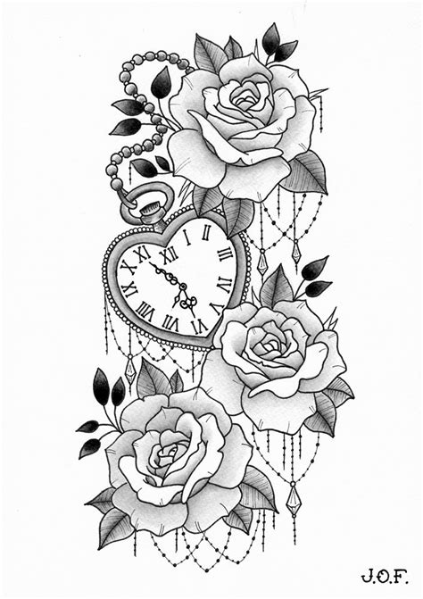 Incredible Flower And Clock Tattoo Designs Ideas