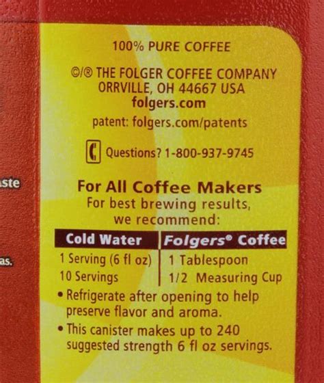 Folgers Classic Roast Nutrition Label