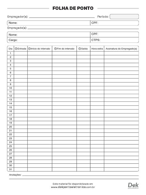 folha de ponto para editar e imprimir