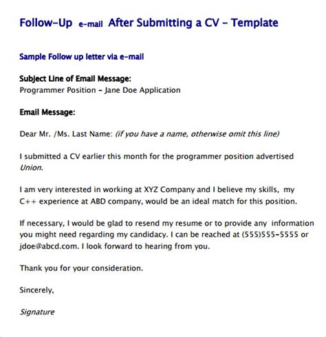 Follow Up Email After Application Template