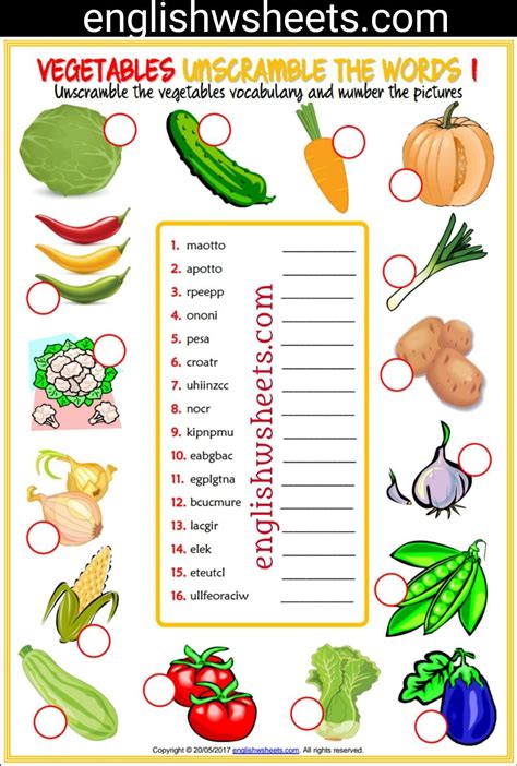 food and vegetables worksheet