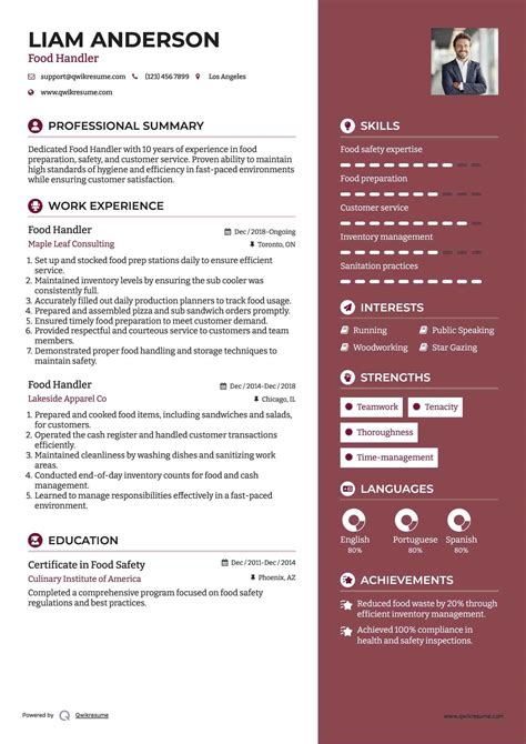 Food Handler Resume Example