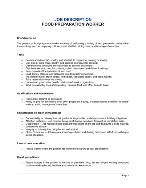 Food Prep Position Description