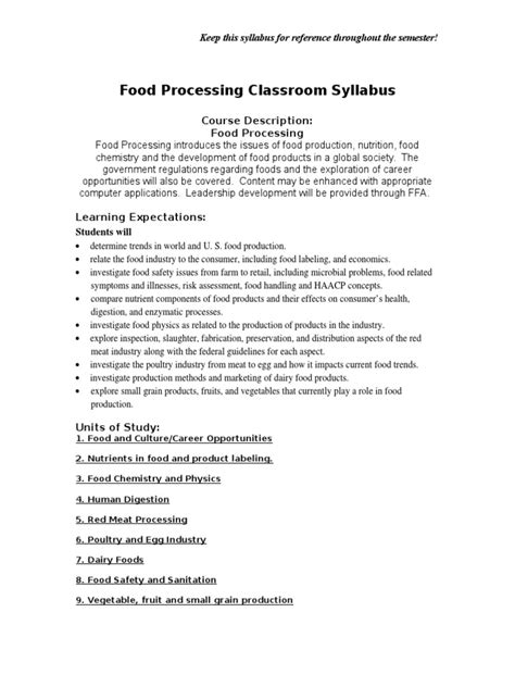 Food Processing Course Syllabus