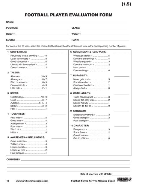 football player development evaluation form template