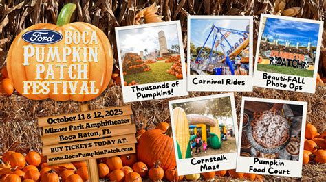 A vibrant display of Ford vehicles at the Ford Boca Pumpkin Patch Festival, with pumpkins and fall decorations surrounding them.