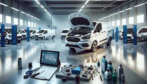 Mechanic performing routine maintenance on a Ford Transit van