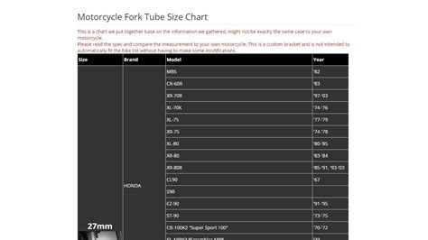 Fork Tube Diameter List
