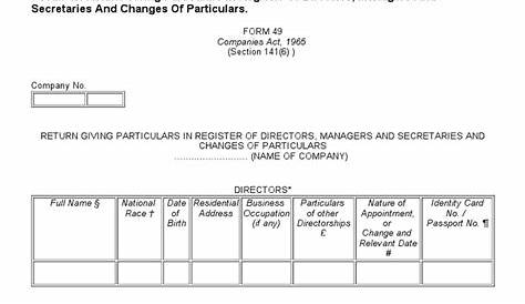 FORM 49. Return Giving Particulars in Register of Directors, Managers