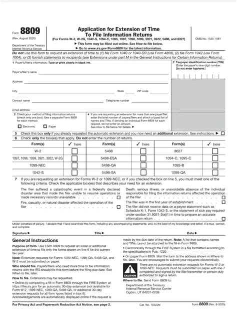 Fillable Form 8809 Application For Extension Of Time To File