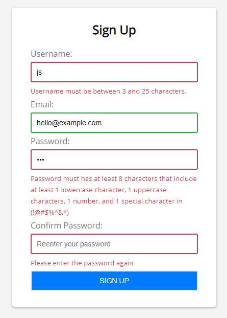 form validation in javascript with error messages examples