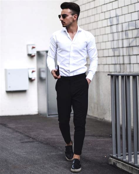 Stylish Long Sleeve White Shirt And Chinos Black Pant Mens pants fashion