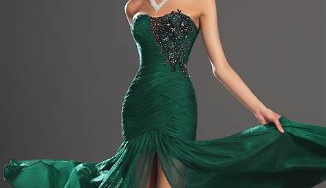 Formal Dress In Green Emerald Chiffon V Neck Beaded Prom With Side