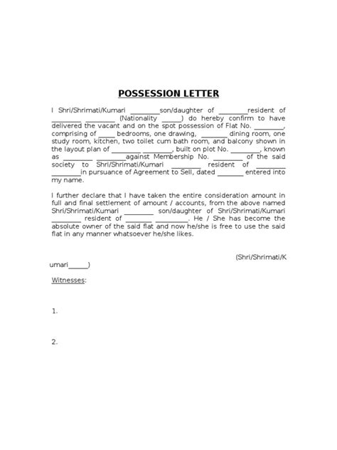 format of possession letter