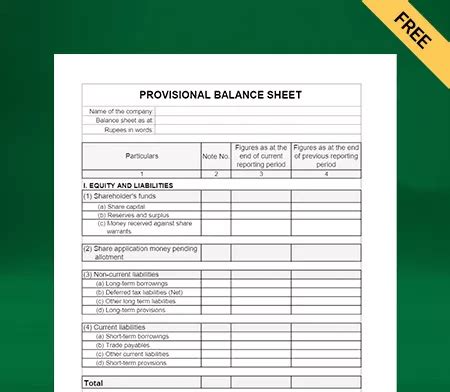 format of provisional balance sheet in excel