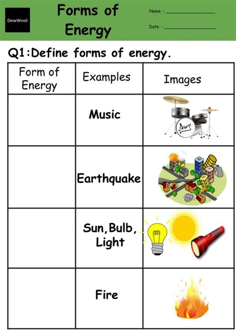 forms of energy worksheet grade 3