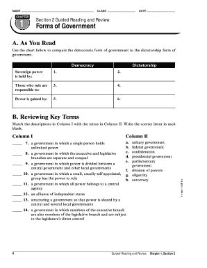 forms of government worksheet answers