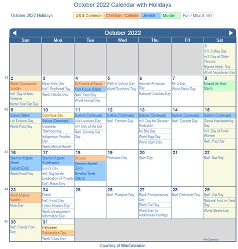 October 2022 Calendar Printable with Holidays