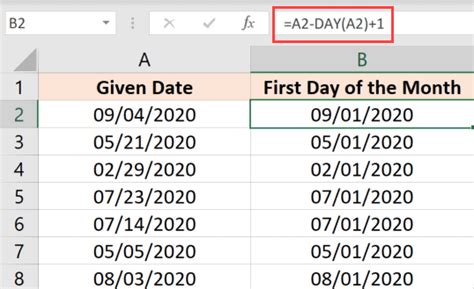 formula for first day of current month in excel