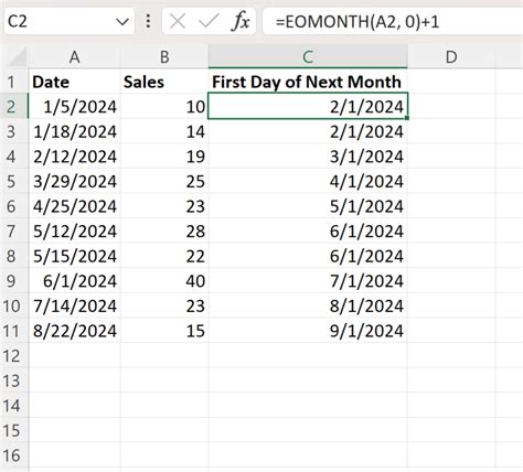 formula for first day of next month in excel
