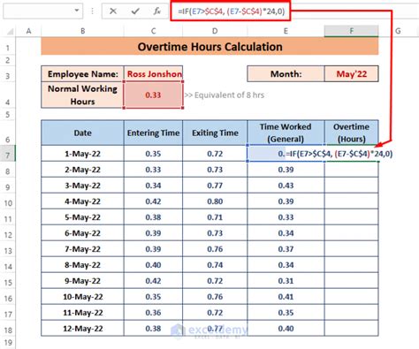 formula to calculate ot hours in excel