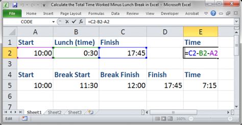 formula to calculate time in excel with lunch break