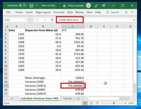 formula to calculate variance in excel
