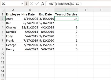 formula to calculate years of service from hire date in excel