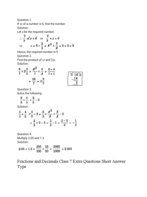 fractions and decimals class 7 extra questions with answers