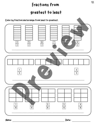 Fractions In Order From Least To Greatest Chart Fractions Strips Printable