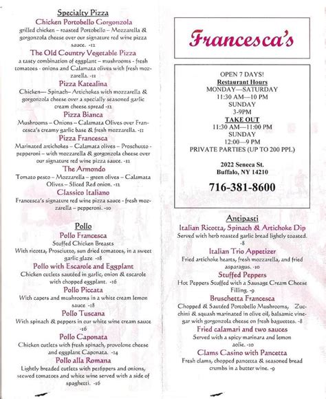 francesca's italian restaurant menu