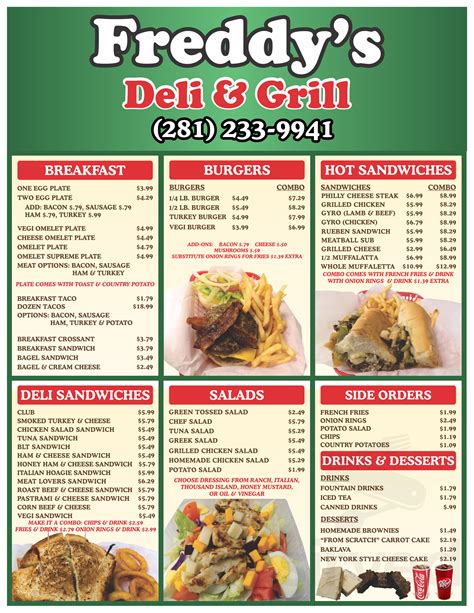 Freddy's Deli & Grill menu in Houston, Texas, USA
